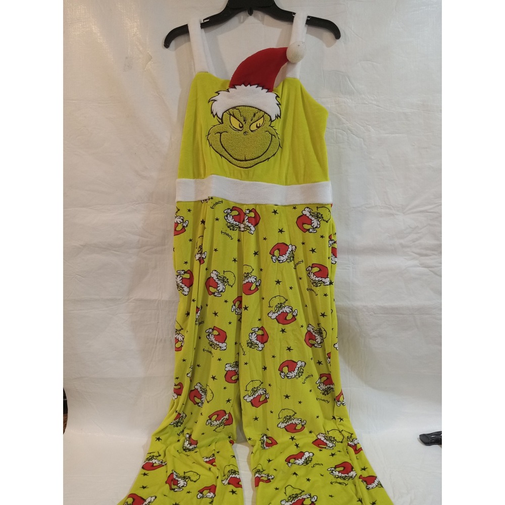 The Grinch Christmas Jumpsuit Pajamas Green Sleeveless Faux Fur Trim Size M 8-10